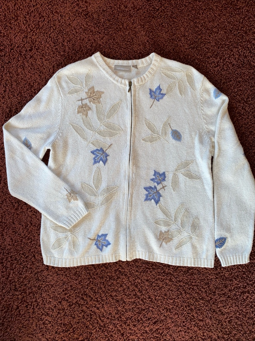 Vtg 90s Croft & Barrow Wool Blend Fall Leaves Cardigan Zip Sweater Granny Size M